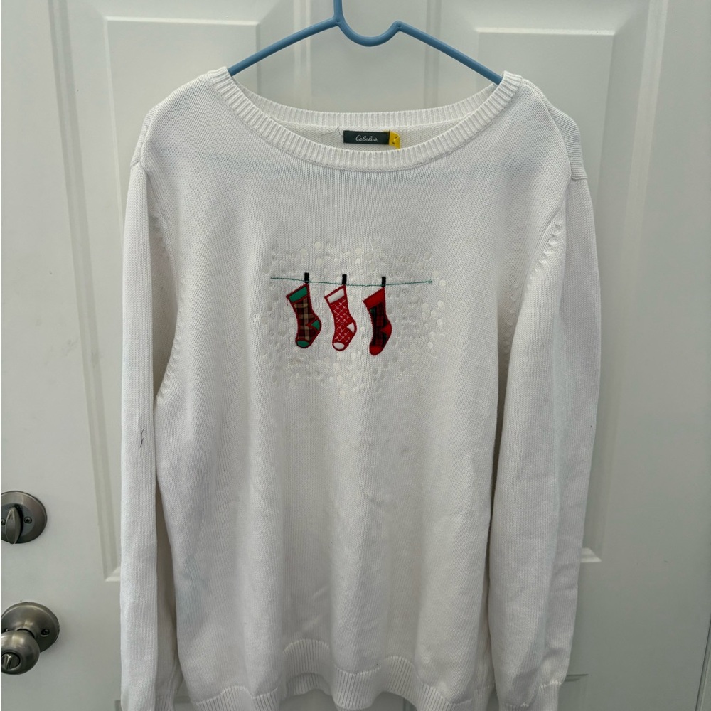 Vintage 90s Cabela's White Crew Neck Christmas Stocking Sweater Casual Knit